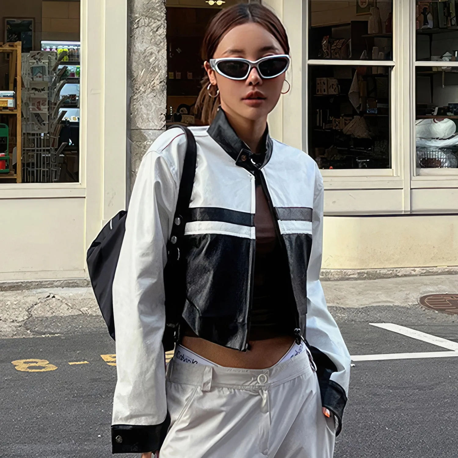 Women’s Black White Biker Genuine Sheepskin Stand Collar Oversized Cropped Top Hip Hop Punk Style Sporty Racer Leather Jacket