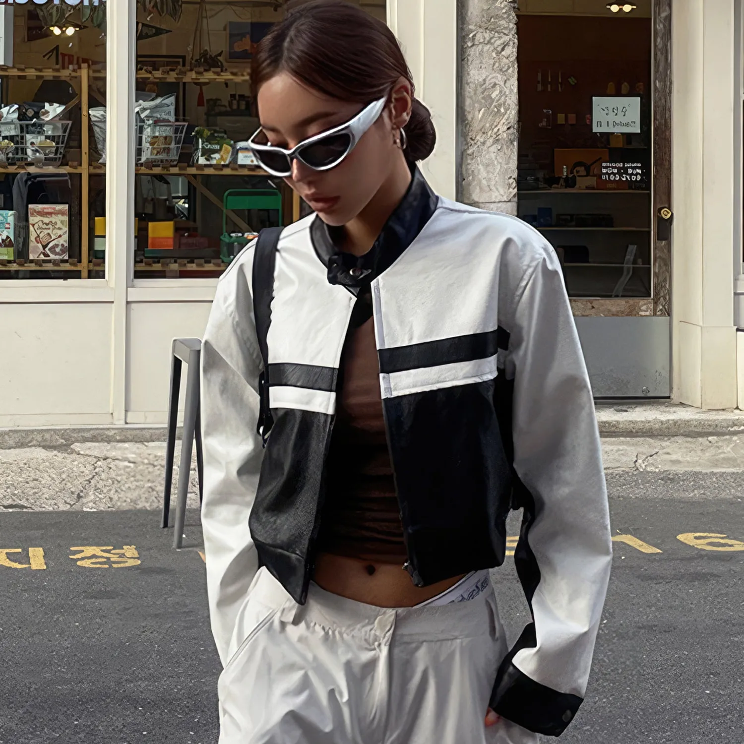 Women’s Black White Biker Genuine Sheepskin Stand Collar Oversized Cropped Top Hip Hop Punk Style Sporty Racer Leather Jacket