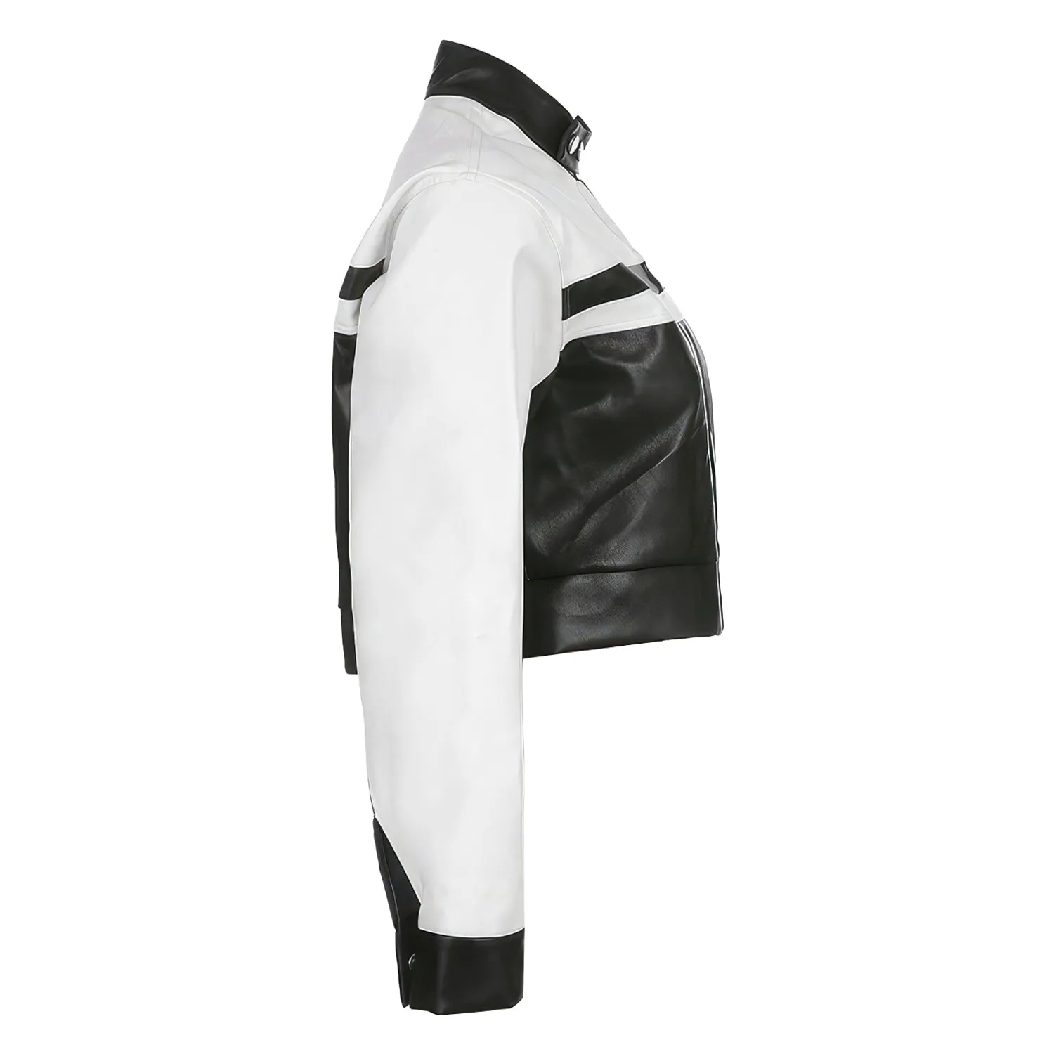 Women’s Black White Biker Genuine Sheepskin Stand Collar Oversized Cropped Top Hip Hop Punk Style Sporty Racer Leather Jacket