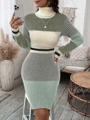 Women's Colorblock High Neck Sweater Dress