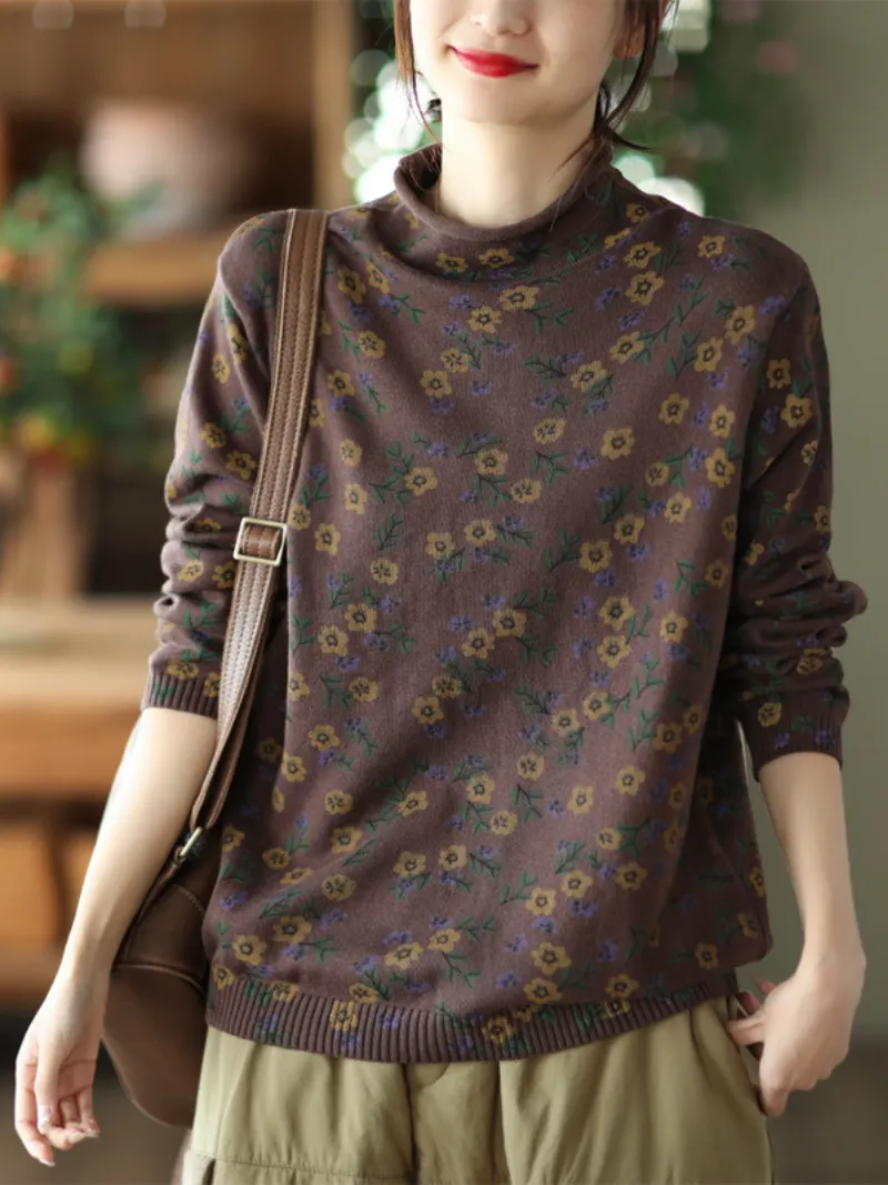 Women's Flower Printing Knitted top Female Pullover Loose Sweater Dress