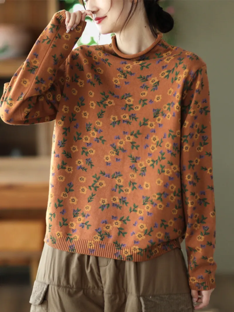 Women's Flower Printing Knitted top Female Pullover Loose Sweater Dress