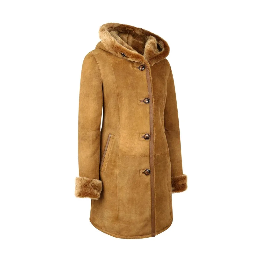 Womens Real Sheepskin Jacket 3/4 Long Hood Merino Fur Button Camel Tan