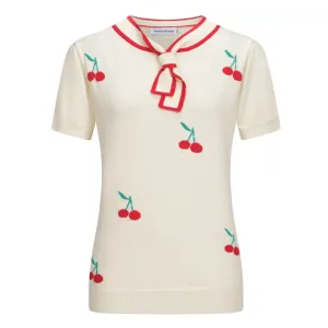 Women's rice apricot cherry embroidered knitted T-shirt